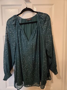Lane Bryant GREEN Metallic Dot Peasant Top